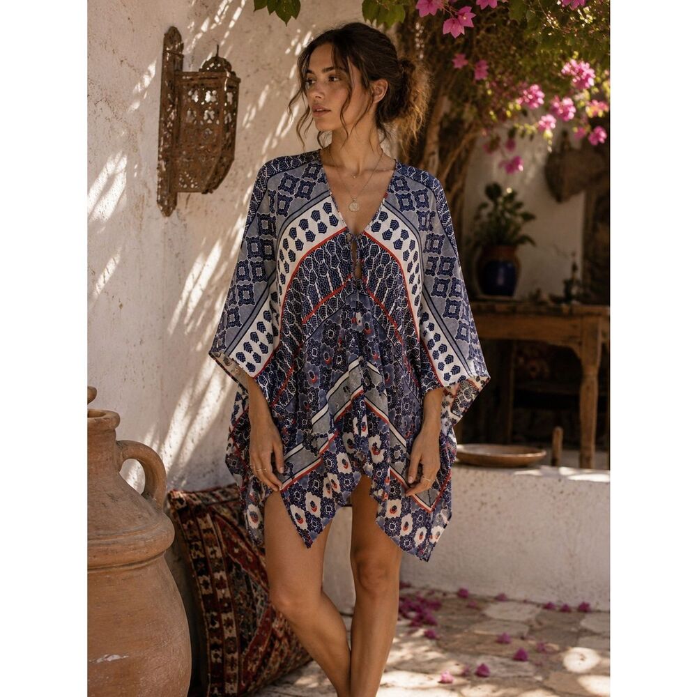 Natori Navy Blue White Orange Diamond Floral Striped Print Kaftan Tunic L Beach